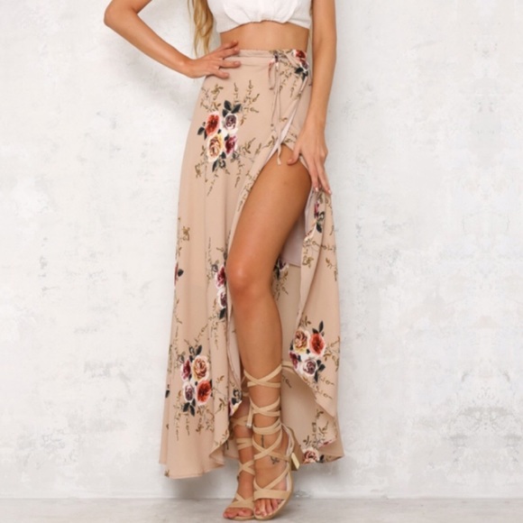 Nude Blush Floral Wrap Around High Low Maxi Skirt - Picture 3 of 4